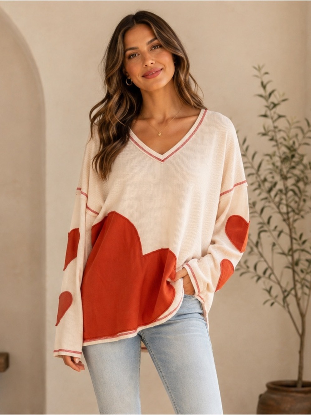 Sage + Fig Cream V-Neck Sweater with Ref Heart Panels